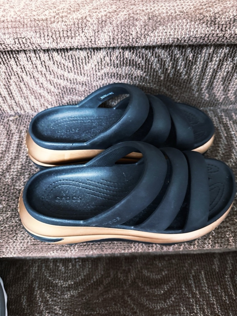CROCS Black & Tan Triple-Strap Slide